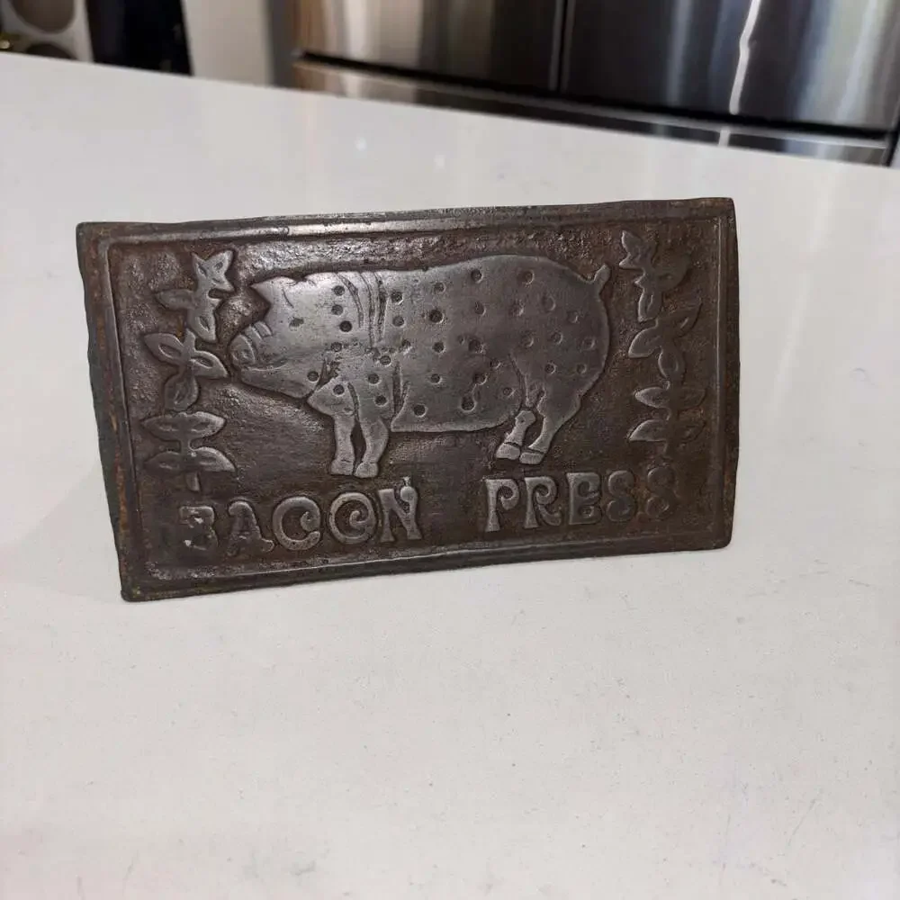 Vintage Cast Iron Bacon Press with Wooden Handle and Pig Design